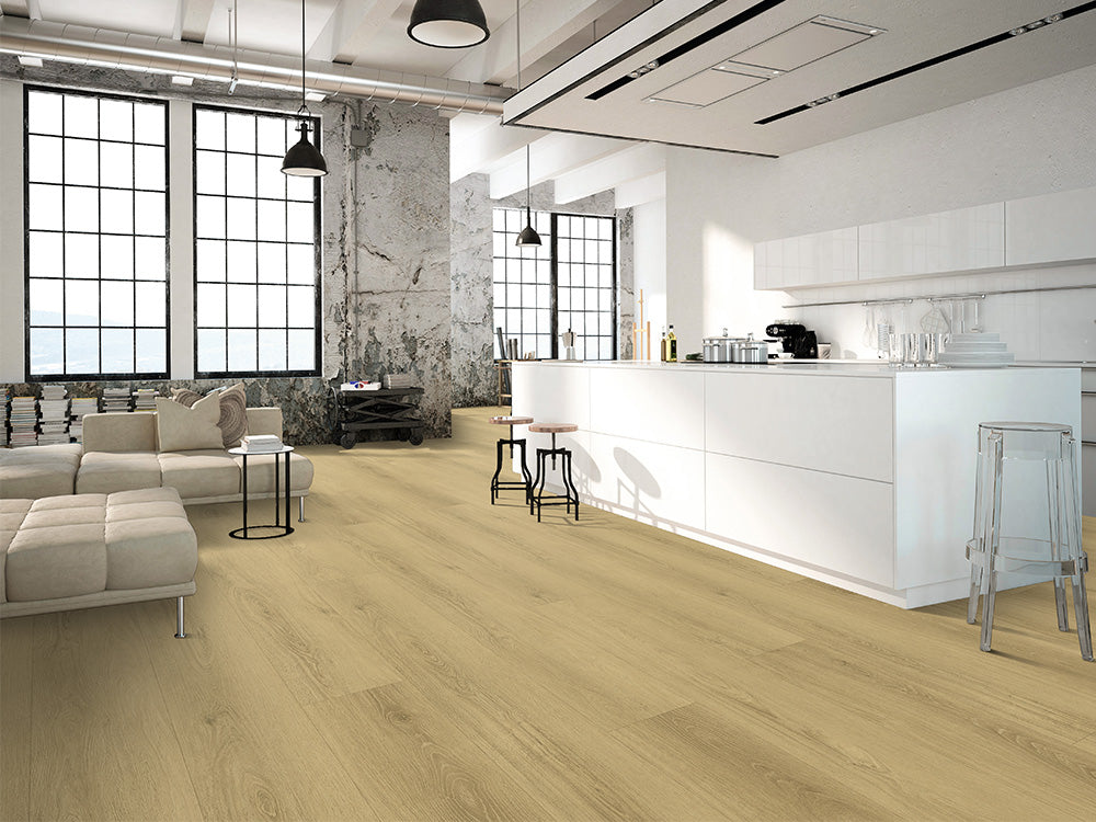 Hybridboden "Stealth Stride" LVT+EPC, 7,5x229x1830mm Eiche Beige, inkl. 1,5 mm Kork-Trittschall, Nutzschicht 0,55 mm, Nutzungsklasse 23/33, 2,51 m² / VE - SKU: '72202 2